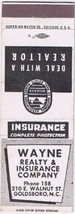 Matchbook Cover Wayne Realty &amp; Insurance Goldsboro North Carolina - £3.10 GBP