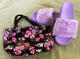 Womens Liliana Furry Platform Slip On&#39;s Violet Purple &amp; Canvas Floral Bag sz. 8 - £13.26 GBP