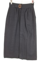 Vtg Cargo 6 25&quot; Waist Navy Blue Wool Button-Front Midi Skirt Leather Buckle - $26.59
