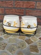 Bee Salt Pepper Cellar in Wire Holder Ivory Yellow Buzz Kitchen Farmhouse New - £13.88 GBP
