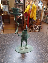 Frog on Lily Pad Heavy Candlestick Candle Holder Green Patina 8” Tall Century - £23.64 GBP