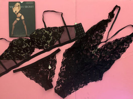 Victoria&#39;s Secret 34C Bra Set+Cutout Panty+Teddy ONE-PIECE Beige Black Lace Rose - £111.12 GBP