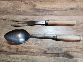 RARE Vintage 12” Wood Handle Fork And Spoon Set With Measuring Marks, Pour Spout - £11.29 GBP