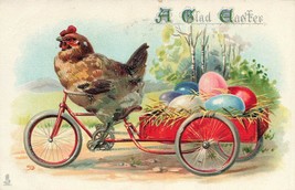 CHICKEN RIDES BICYCLE PULLS CART OF EGGS~TUCK EMBOSSED EASTER GLADNESS P... - £8.00 GBP