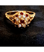 4 Tier Rhinestone Cocktail RING VTG High Profile Faux Ruby Cluster Gold ... - $951.44 MXN