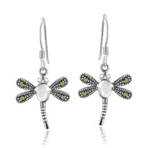 Stylish White Pearl &amp; Marcasite on Dragonfly Sterling Silver Dangle Earrings - £9.95 GBP