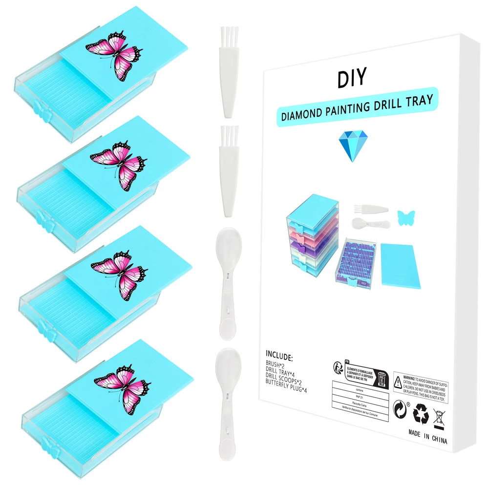 4Pcs Diamond Painting Tray Diamond Sorting Box with Lid 4pc Blue Butterfly