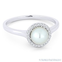 Freshwater Pearl &amp; 0.08ct Round Cut Diamond Halo 14k White Gold Right-Hand Ring - £285.48 GBP