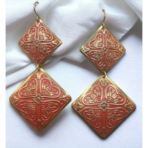 Allison Reed Floral Earrings Vintage Gold Tone Red Square Dangle Embossed - £11.91 GBP