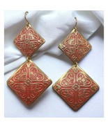 Allison Reed Floral Earrings Vintage Gold Tone Red Square Dangle Embossed - £11.75 GBP