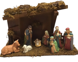 Vintage Trim Shoppe 9 Pc Nativity Set Stable &amp; Figurines Hand Painted Christmas - £46.76 GBP