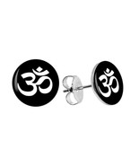 OHM EARRINGS 10mm Stainless Steel Stud Post Round Black Unisex Om Aum Yo... - $127.95 MXN