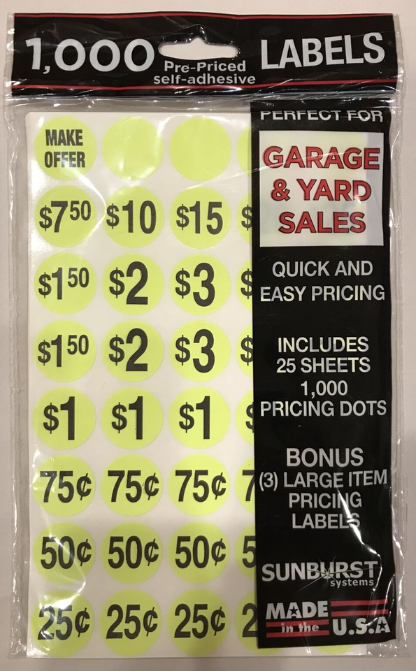 Sunburst 1000 Pre-Priced Labels Quick &amp; Easy Pricing, Garage &amp; Yard Sale... - $6.92