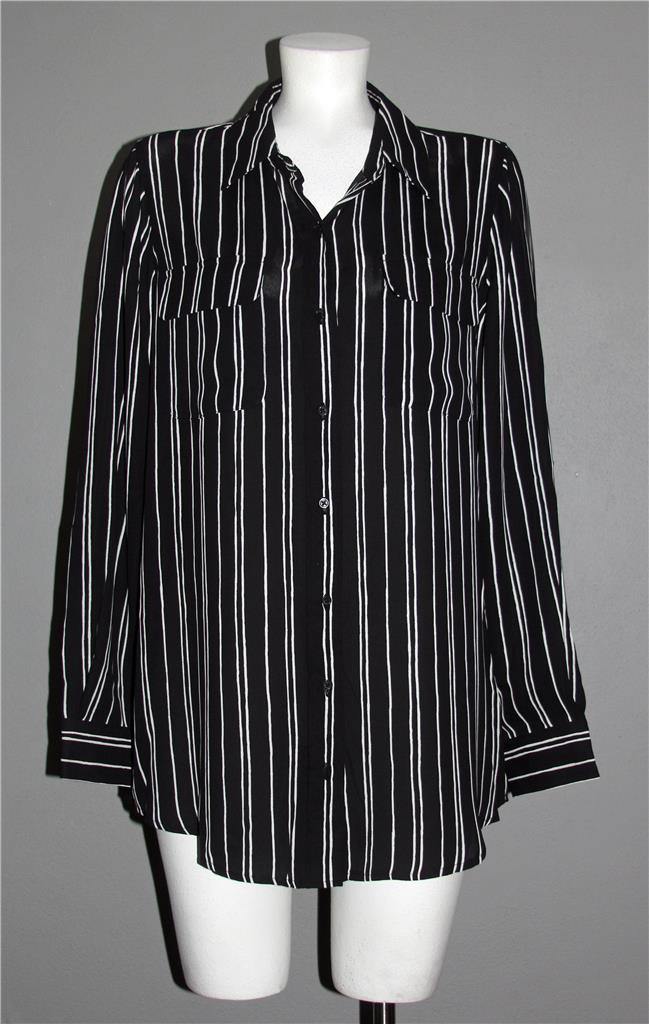 WHO WHAT WEAR Black &amp; White Vertical Stripes 2-Pkt L/S Button Blouse Wm&#39;... - $21.99