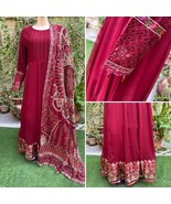 Pakistani Maroon Long Maxi Style Embroidered Sequins Chiffon Dress,L - €129,34 EUR