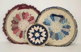 Vintage Hoop Art Lot of 3 Handmade 14&quot; &amp; 8.5&quot; Quilted Country Star Quilt - $18.70