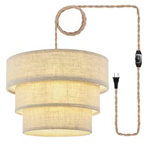 3-Tier Drum Linen Plug In Pendant Light With15Ft Hemp Rope Cord E26 Dimmer Switc - £56.60 GBP