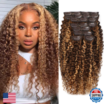14 Inch Highlight P4/27 Kinky Curly Clip Ins Human Hair 110g 8pcs 20 Cli... - $60.52