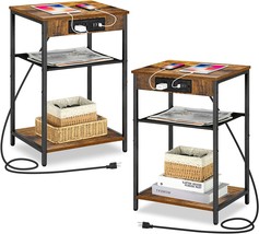 Set Of 2 Nightstand With Charging Station, 3 Tier Tall End Table, Rustic Brown - £58.33 GBP
