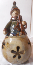 Glazed Ceramic Snowman Brown Tea Light Candle Holder Ornament Shape Folk Art 10&quot; - £12.58 GBP