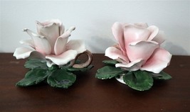 CAPODIMONTE Vintage c1950&#39;s Candle Holder Rose Set x 2 With Tags. - £41.28 GBP