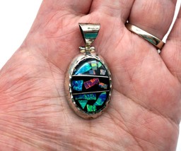 Vintage Sterling Silver &amp; Opal Pendant Handmade Taxco Mexico. Bright &amp; C... - $89.99