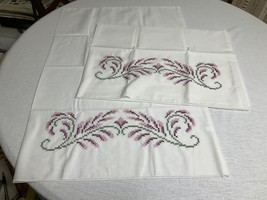 Vintage Pair Handmade Cross-Stitch Embroidery Pillowcases Pink Flowers 2... - £16.29 GBP