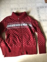 Eddie Bauer Size M Red Snowflake Cotton Nylon Wool Blend Zip Cardigan Sw... - £36.50 GBP