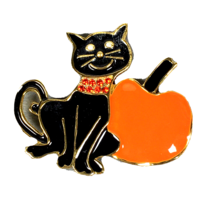 Black Cat Pumpkin Enamel Brooch Pin Halloween Jack O Lantern Rhinestones - £12.86 GBP
