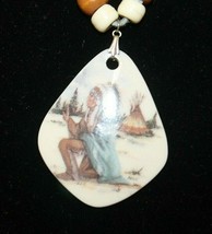 NATIVE INDIAN CHIEF BLUE LEATHER  BEADED TEARDROP PENDANT  NECKLACE 22&quot; ... - $145.87 MXN