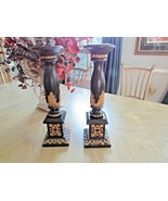 DECORATIVE PILLAR CANDLE HOLDERS BLACK AND GOLD CARVED WOOD INDIA 17.5&quot; ... - $371.26 MXN