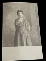 Antique RPPC Standing Lady in Pretty Dress Lace Collar Azo Stamp Rectangle  - $5.99