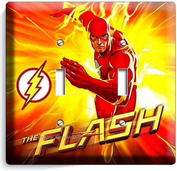 FLASH COMICS SUPER HERO RED YELLOW FLAMES DOUBLE LIGHT SWITCH WALL PLATE COVER