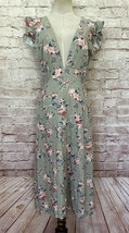 STORIA Floral Deep V Neck Sheath Dress S Green Cap Sleeve Open Back Linen Blend - £39.16 GBP