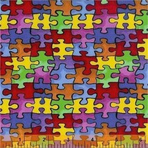 Cotton Jigsaw Puzzle "Autism Awareness" Cotton Fabric Print by the Yard D682.13 - £23.94 GBP