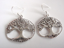 Oval Tree of Life Earrings 925 Sterling Silver Dangle with Hearts in Branches - £12.08 GBP