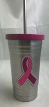 PINK RIBBON CANCER AWARENESS 16 OZ STAINLESS STEEL CUP W/ STAINLESS STEE... - £12.75 GBP