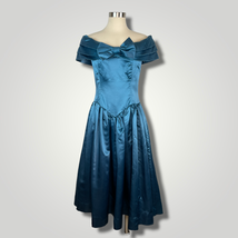Vintage 1940s Party Dress Heavy Satin Blue Off the Shoulder Handmade Dre... - £73.38 GBP