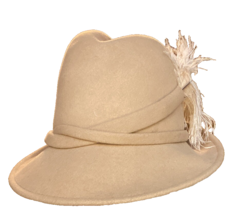 Mr. John Vintage Classic 1960s Camel Wool Oversized Fedora Feather Trim ... - $53.46