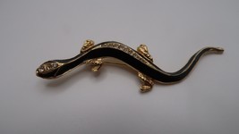 Vintage Black Lizard Gold Rhinestone Brooch 8.4cm - £15.66 GBP