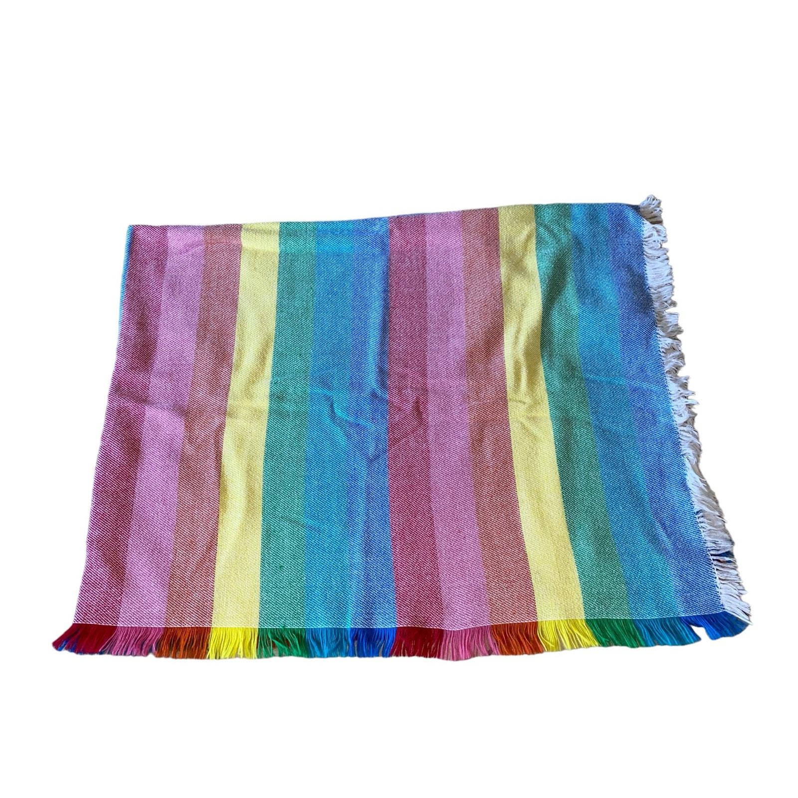 Vintage Mid-Century Modern Striped Rainbow Square Fringe Trim Tablecloth... - $26.85