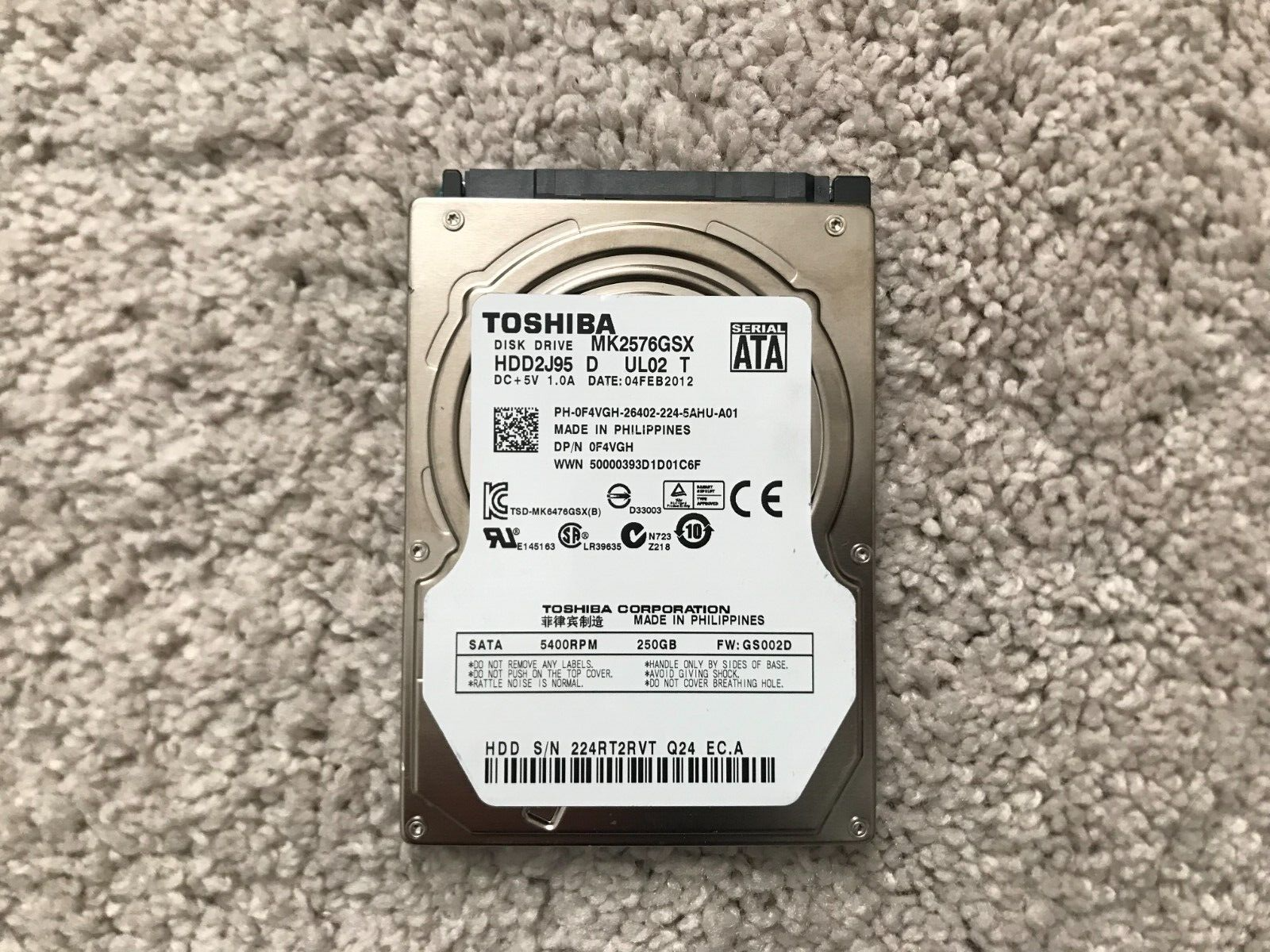 Toshiba MK2576GSX HDD2J95 D UL02 T 250GB Sata  Laptop  Hard Drive OF4VGH - $9.99