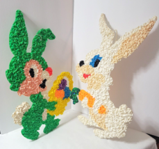 Melted Plastic Popcorn Easter Bunny 2 Vtg 21&quot; Bunnies Green + White Kage Rabbit - £45.52 GBP
