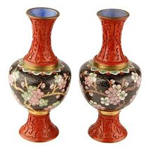 PAIR OF ANTIQUE VINTAGE ASIAN CINNABAR AND CLOISONNE VASES CHERRY BLOSSOM - $920.15