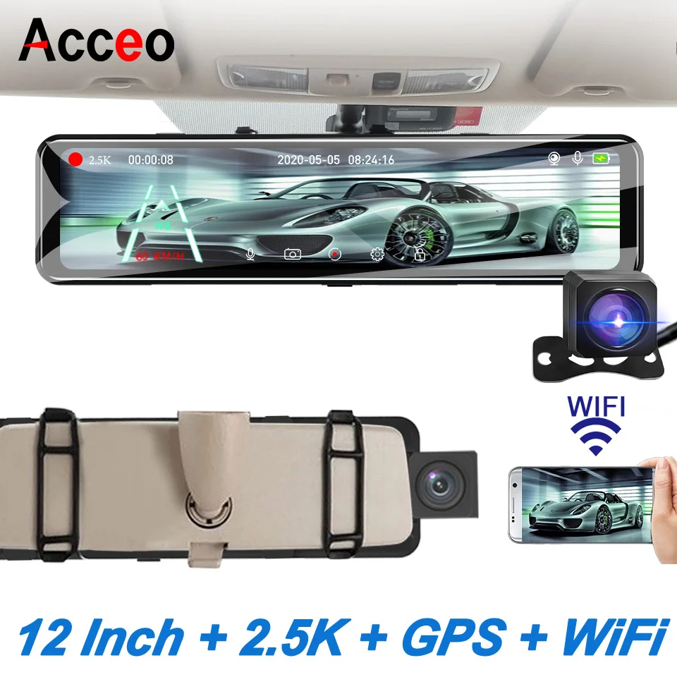 Acceo A45 2K Dash Cam With Wifi Gps 12 Inch Room Rearview Mirror Car Video - £83.75 GBP+