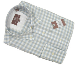 NEW $145 Hickey Freeman Linen Button Front Shirt!  M   *Tan Blue & White Plaid* - $79.99