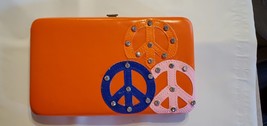 I Squared Push Lock Long Rectangle Wallet Orange Peace Signs Rhinestones - £11.36 GBP