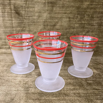 4 Anchor Hocking MCM Cordial Shot Glasses Frosted Footed Striped Red Gol... - $35.00