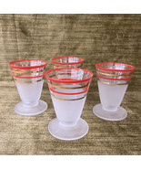 4 Anchor Hocking MCM Cordial Shot Glasses Frosted Footed Striped Red Gol... - $47.66 CAD