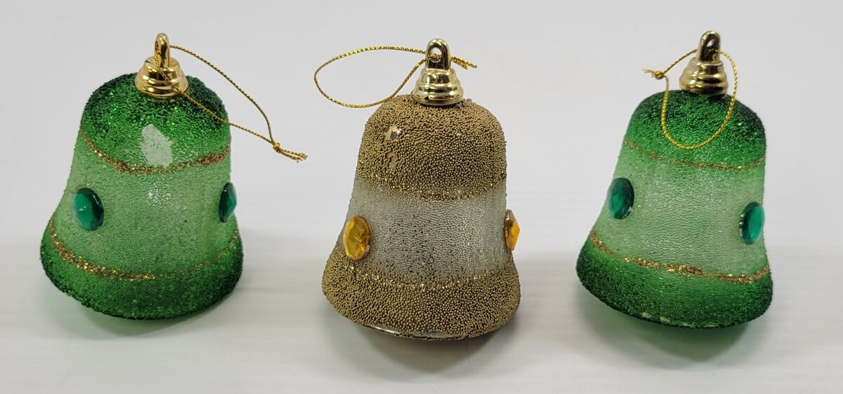 *Q10) Vintage 3 Frosted Glitter Plastic Bell Christmas Tree Holiday Orna... - $9.89